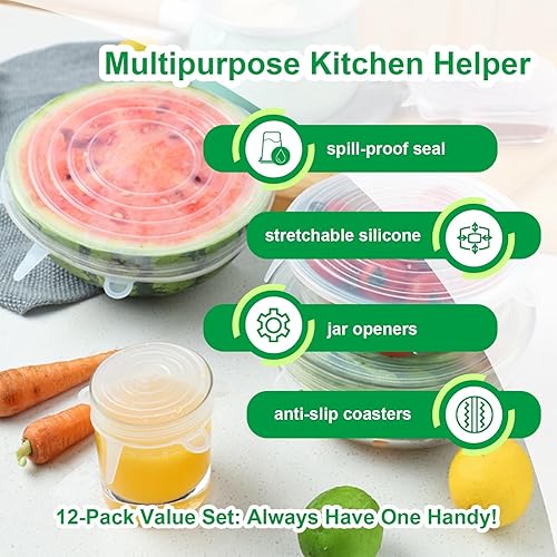 Miniatura 3 de Tapas elásticas de silicona  Paquete de 12 fundas reutilizables para alimentos, silicona flexible para cuencos, recipientes, frutas, sello hermético