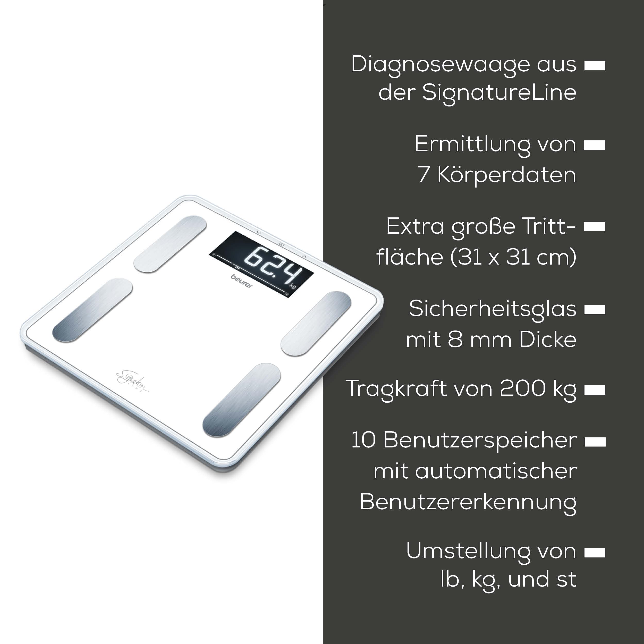 Beurer BF 400 white Diagnosewaage Signature Line, präzise Körperanalyse für bis zu 10 Personen, mit extra großem Invers-LCD-Display, Tragkraft bis 200 kg