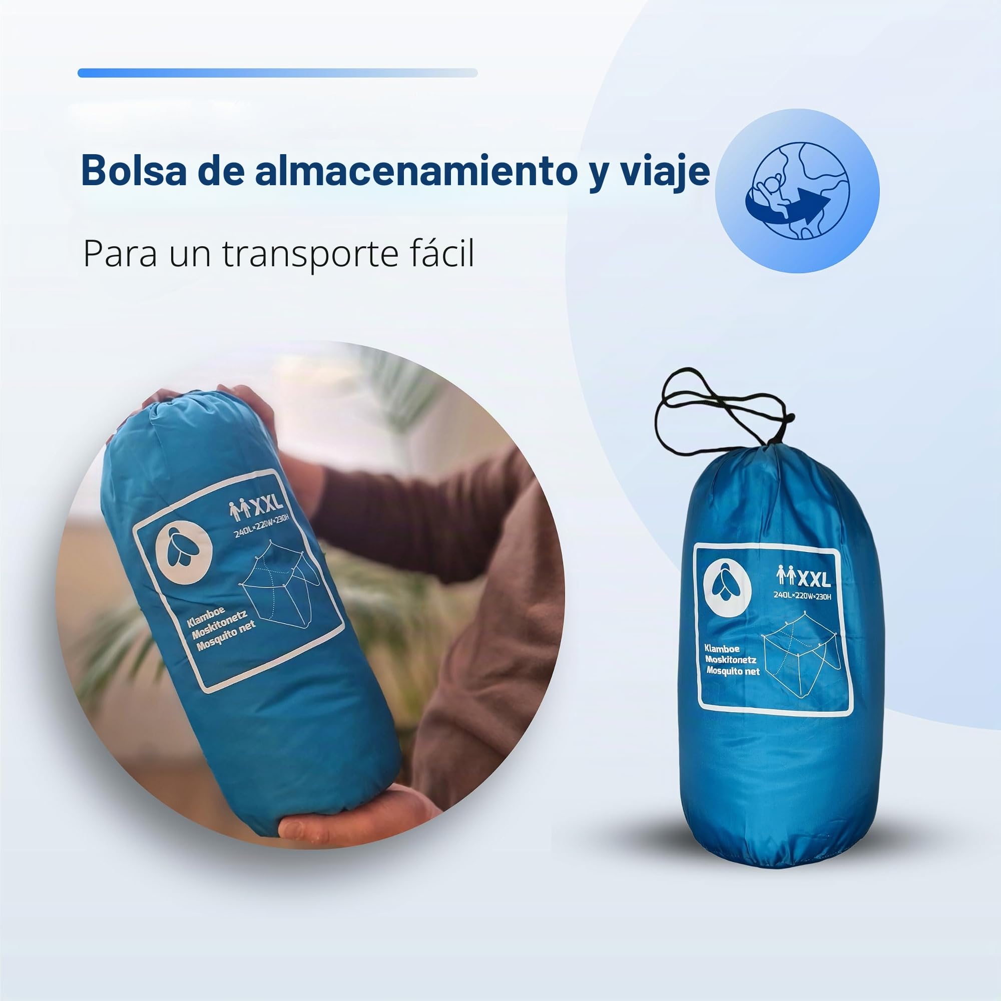Mosquitera para cama doble XXL, 240 x 220 x 230 cm, mosquitera XXL para cama, agujeros finos, cortina rectangular de viaje, mosquitera, 2 entradas, fácil instalación, bolsa de transporte