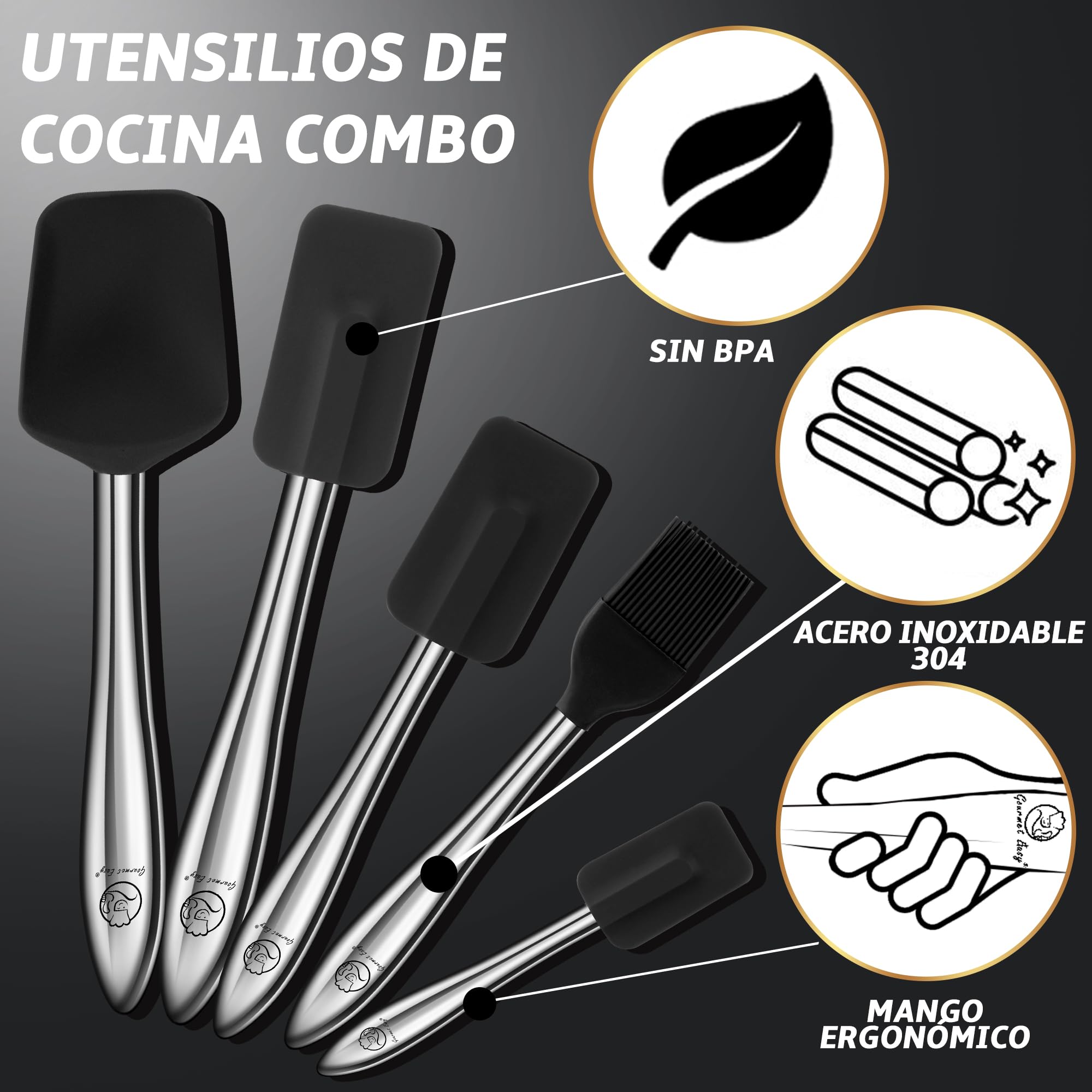 Gourmet Easy Juego de 5 Espátulas Silicona Inox, Resistente Calor (Black) | Espátula, cuchara de silicona y pincel de cocina, ideal para utensilios antiadherentes.