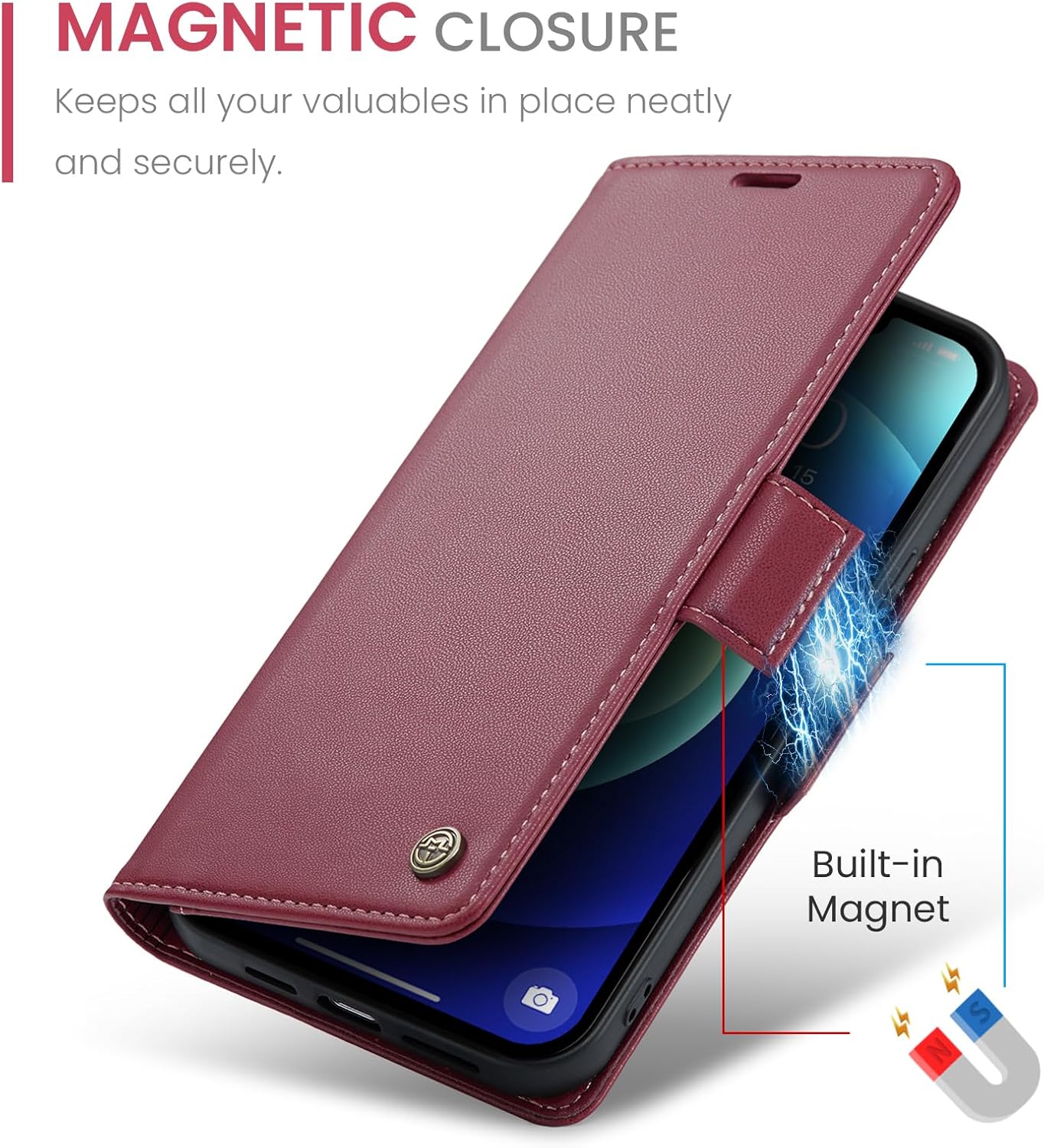 QLTYPRI Wallet Case for iPhone 12/12 Pro, Premium PU Leather Magnetic Flip Folio Case with RFID Blocking Credit Card Slots Kickstand Shockproof Protective Phone Case Cover - Wine Red - Image 5