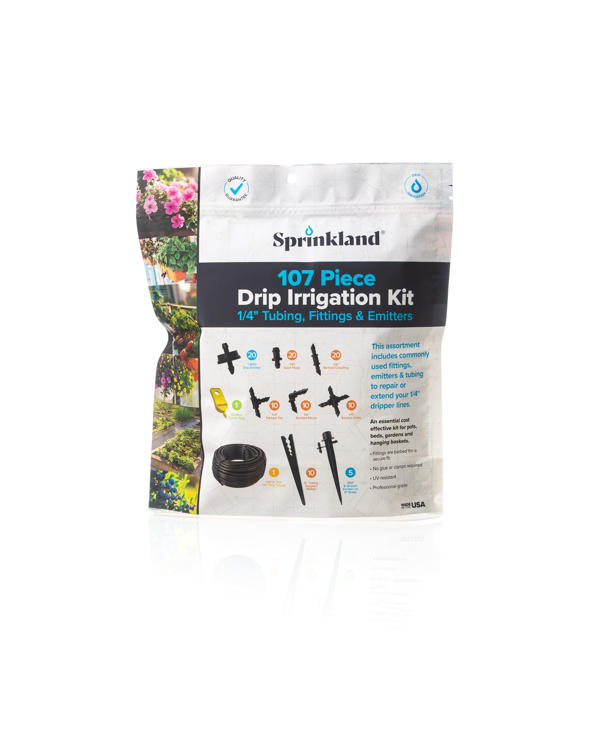 Kit di irrigazione a goccia | Prodotto negli Stati Uniti | Assortimento da 107 pezzi | Raccordi, emettitori e tubi da 1/4" | Kit di riparazione ed estensione