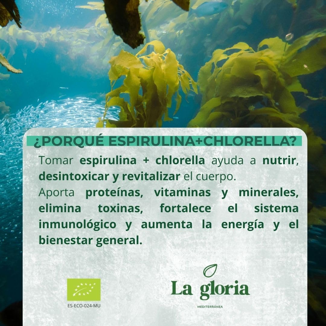 Espirulina y Chlorella Bio 900 Comprimidos | 225 días | Microalgas Ecológicas Detox, Proteína Vegetal Natural, Suplemento Vegano Energizante – La Gloria Mediterránea