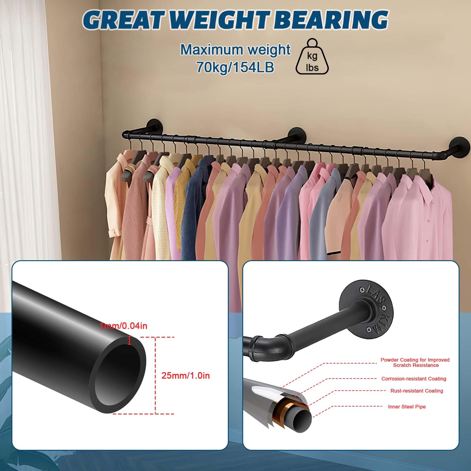Royouzi Perchero De Pared Industrial Barra Para Ropa de Metal ExtraíBle Montada en la Pared de 184 cm Para Ahorrar Espacio Para Colgar Ropa en el Dormitorio Barra Para Ropa de Tubo Industrial Negro