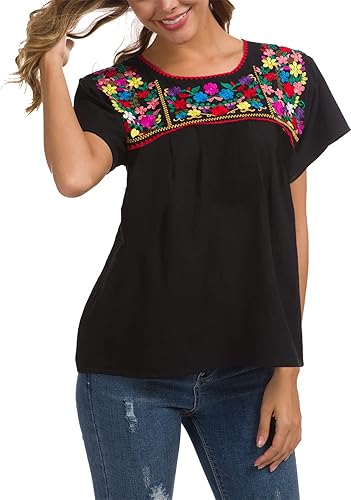YZXDORWJ - Blusa mexicana bordada para mujer, camisa campesina de verano de manga corta