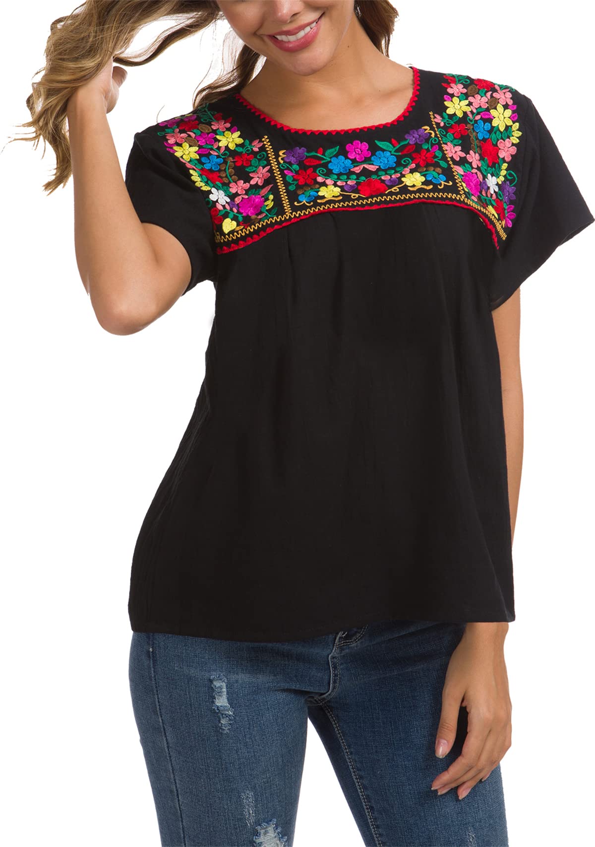YZXDORWJ Women's Embroidered Mexican Peasant Blouse Mexico Summer Shirt Short Sleeve