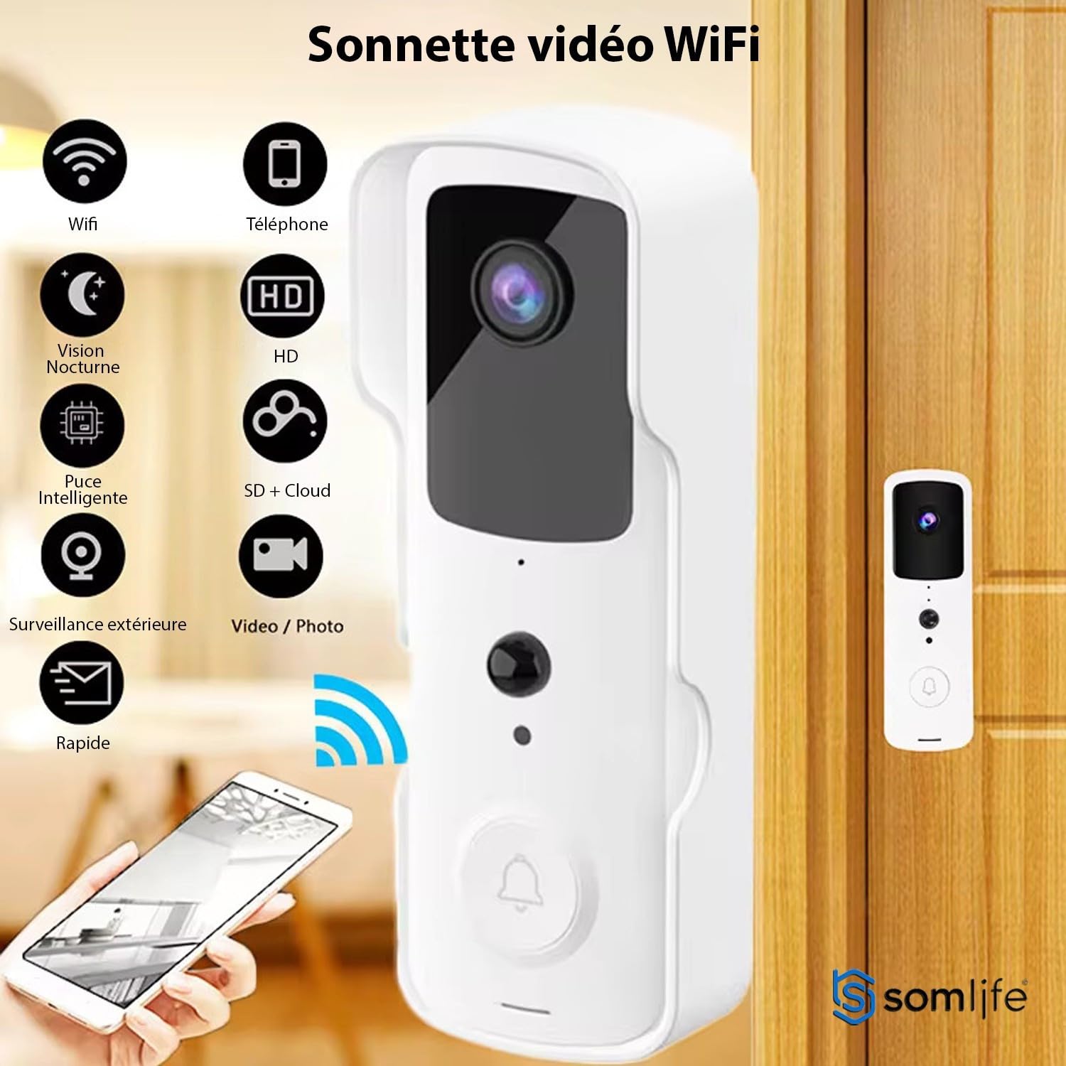 Sonnette portier HD SomLife app tuya smart life autonome sans fils alerte direct smartphone, vision nocture carillon fourni