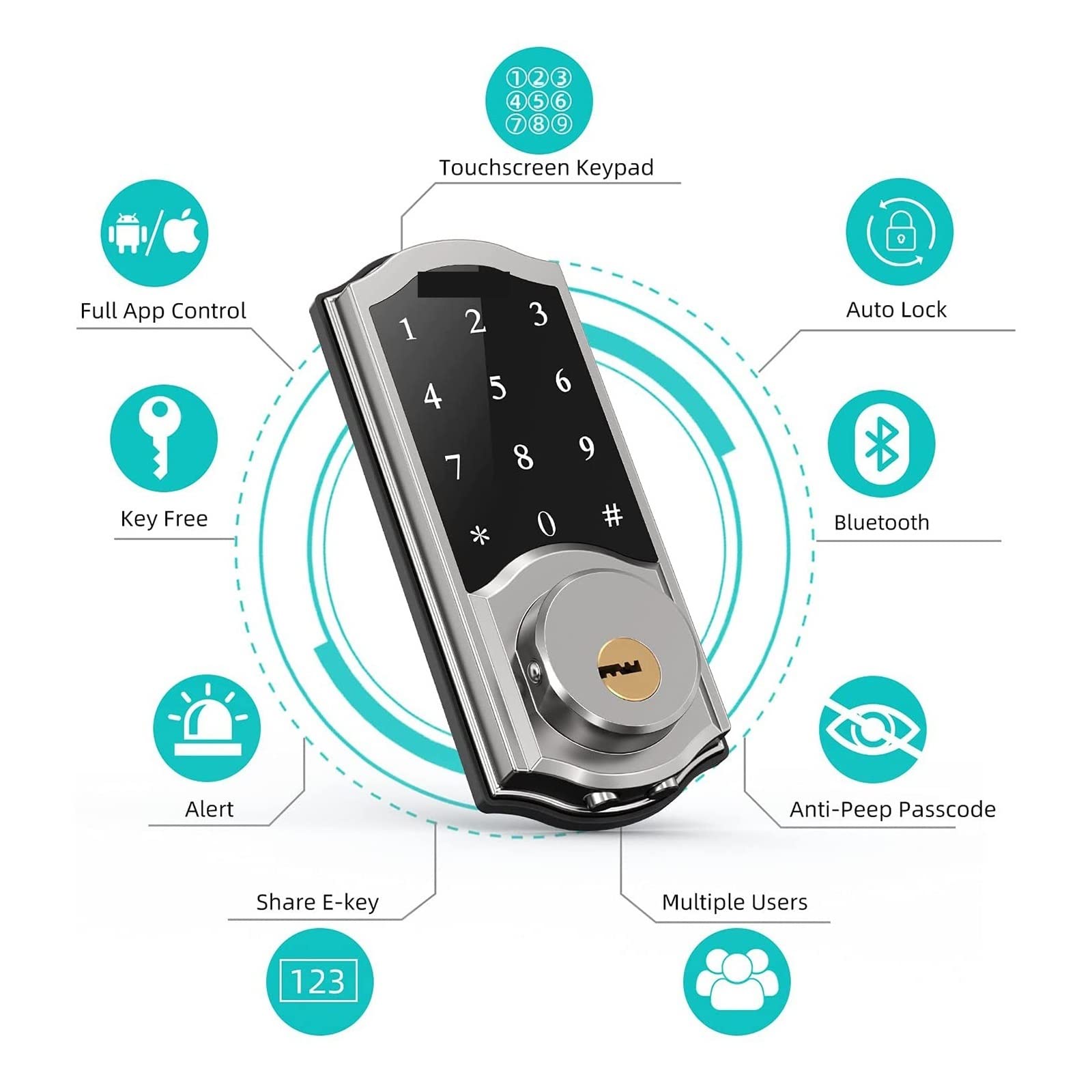 Inteligentny zamek do drzwi, Elektroniczny inteligentny zamek do drzwi z bramką hasło zdalnego sterowania Keyless APP odblokuj zamki do drzwi do domu do domu, wynajmu, garażu, biura i hotelu(Silver)