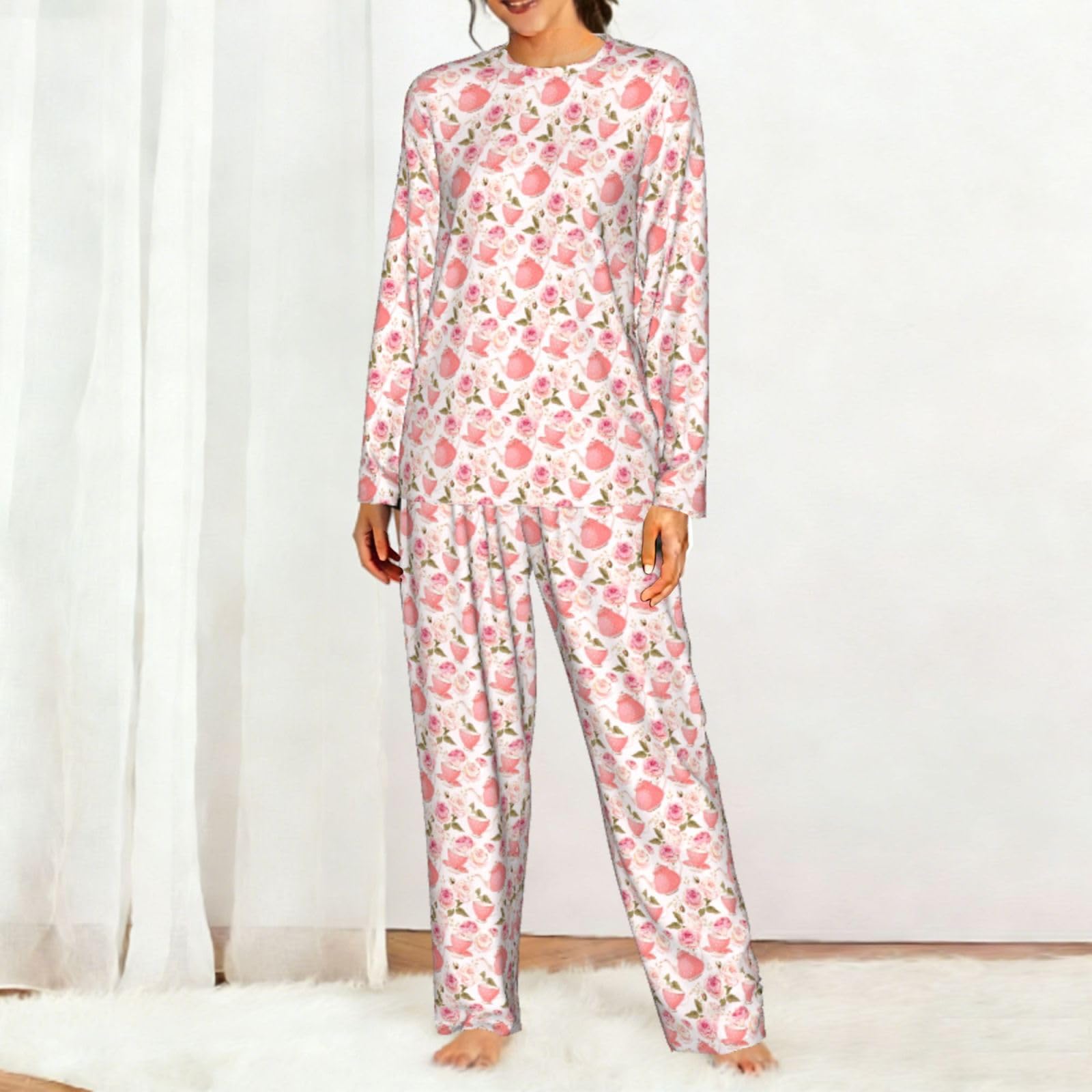 Tazze da tè con rose romantiche stampe shabby da donna a maniche lunghe set pigiama coordinato elastico in vita perfetto vacanza mamma per regalo