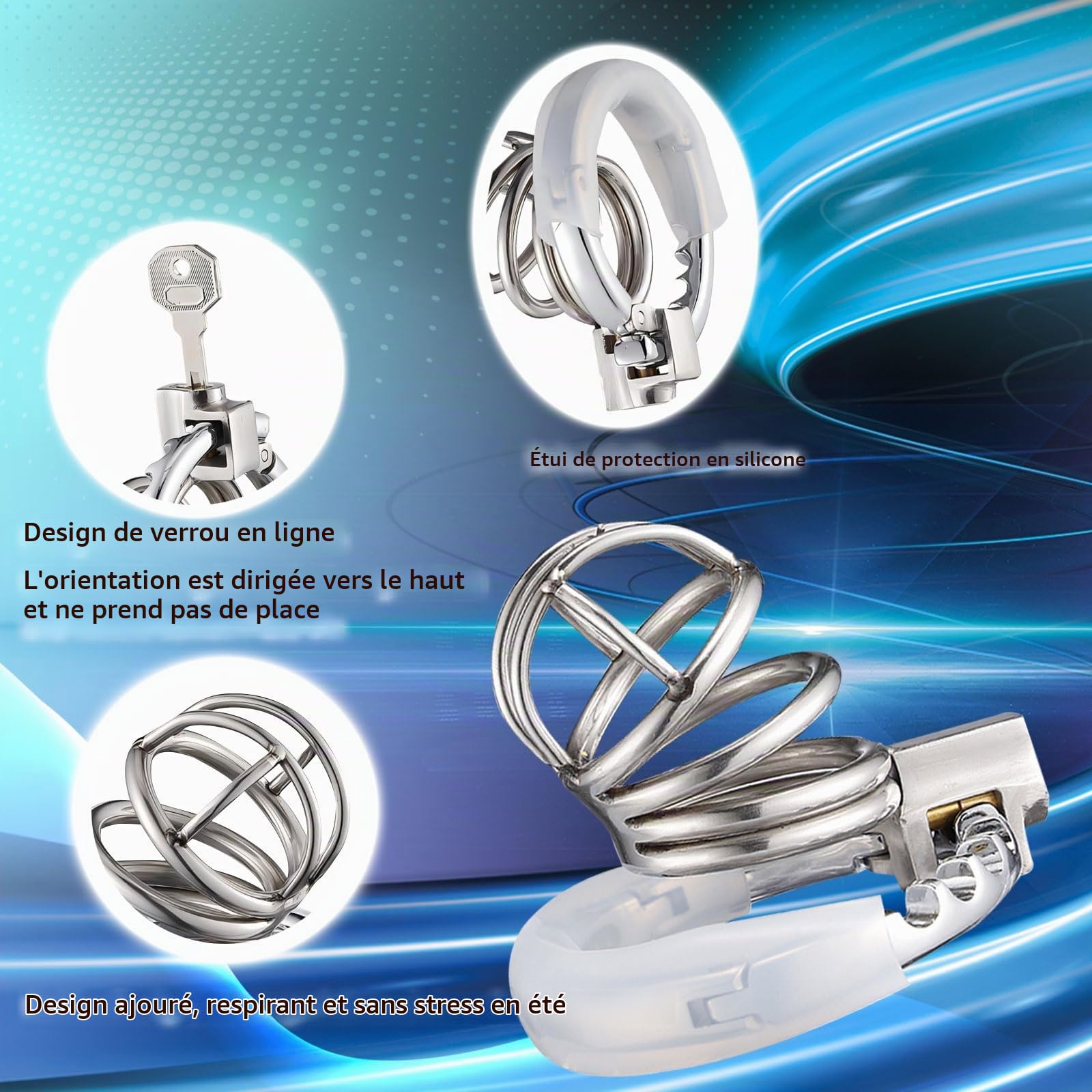 Cage de Chasteté en Métal Les Anneaux de La Cage à Pénis est Réglable en 7 Tailles (Diamètre : 42 mm ~ 62.5 mm) Chastity Cage pour Les Jouets Sexuels Masculins pour L'attachement du Pénis (Fretwork)