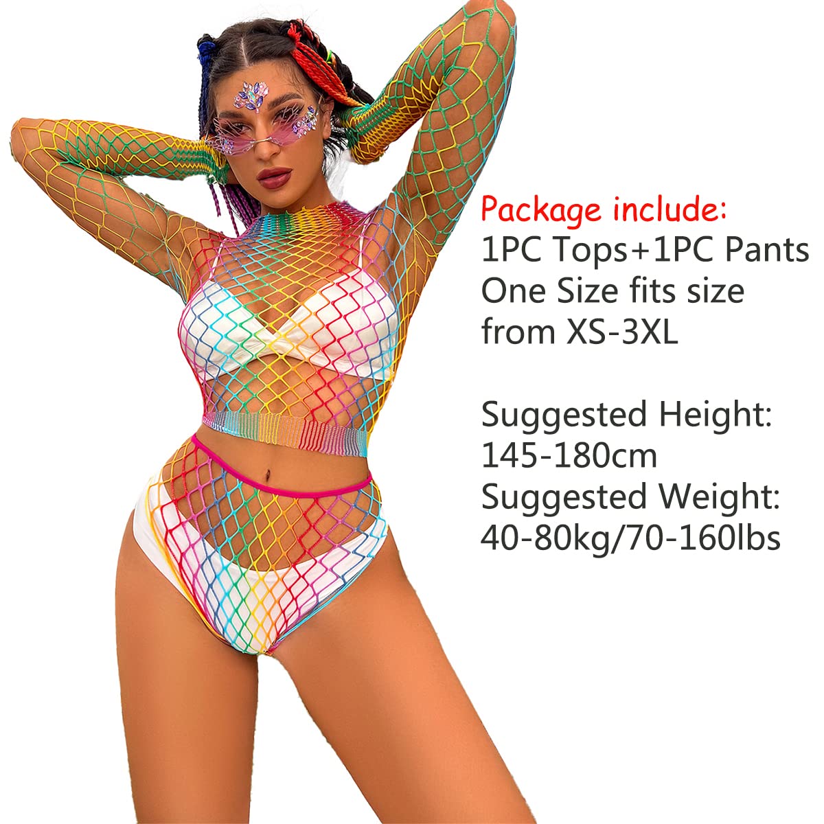 ABEHIK Arcobaleno, body da donna, sexy, rave, festival musicale, abbigliamento colorato, biancheria da notte, biancheria da notte, top a rete, bikini cover up