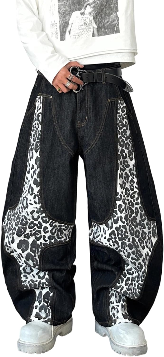 Mens Wide Leg Jeans Baggy Loose Fit Denim Pants Skater Jeans Y2k Patchwork Trousers Streetwear