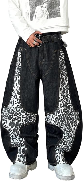 Mens Wide Leg Baggy Jeans Casual Loose Fit Denim Pants Skater Y2k Patchwork Trousers Streetwear