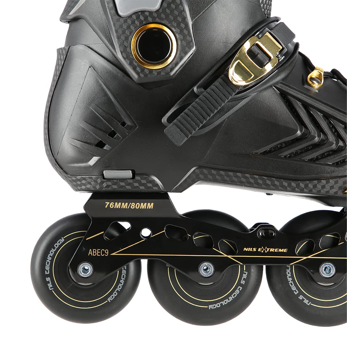 Nils Extreme Rollers pour homme et femme - Rollers en ligne - Roulements ABEC9 - Rollers adultes - Roulettes 85A - Rollers - Noir et or - NA20002