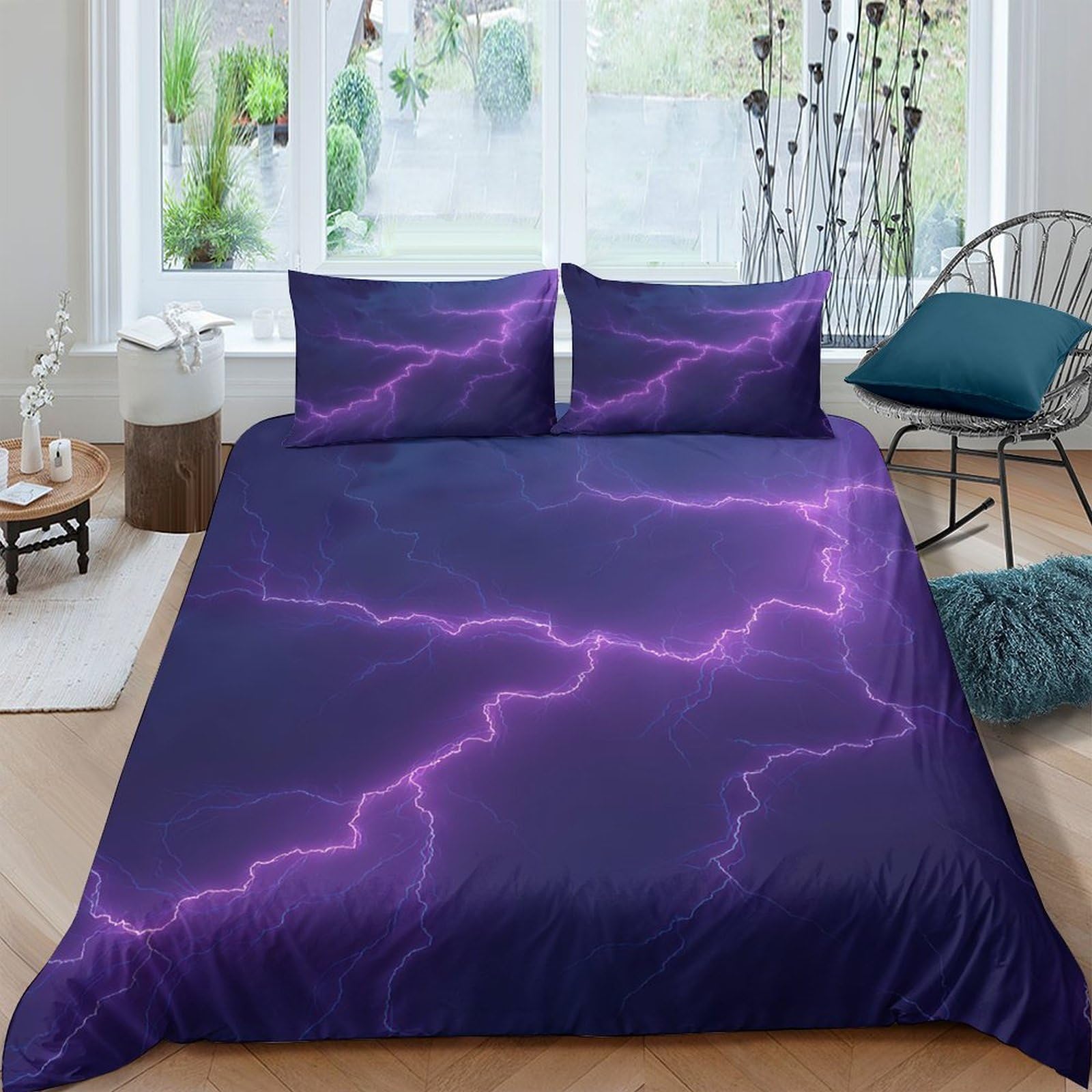GPLZQXKJNH 3D Printed Purple Lightning Duvet Cover Microfiber Soft Breathable Electric Storm Bedding Set with 2 Pillowcases for Bedroom Decor Single（135x200cm）