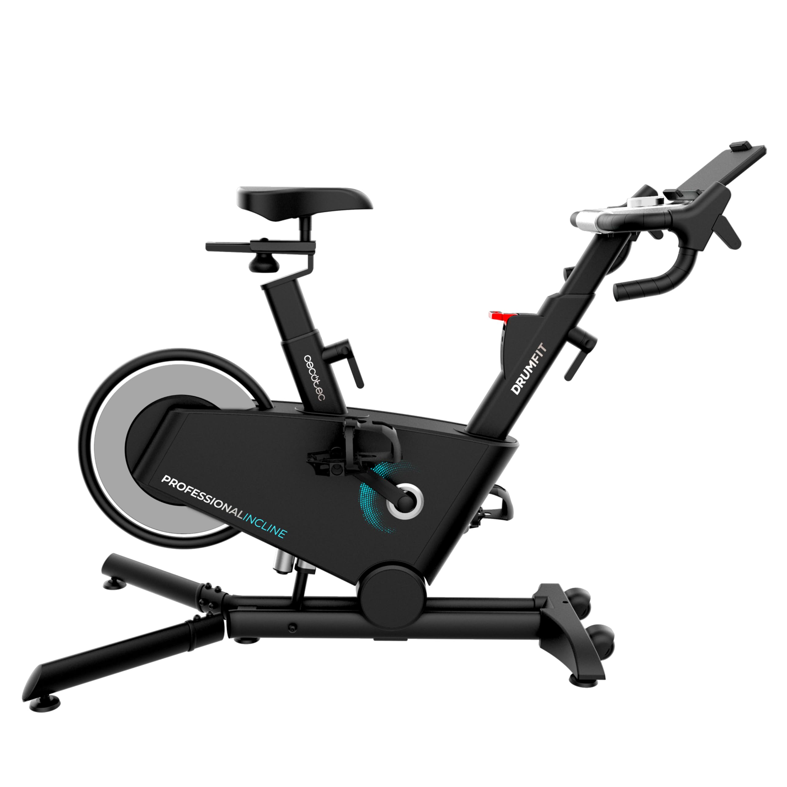 Cecotec Velo d Appartement Indoor professionnel DrumFit Indoor Professional Incline. Velo avec Résistance Magnétique, App, Inclinaison Motorisée, Inertie de Roue 10Kg, 32 Niveaux de Résistance, Écran