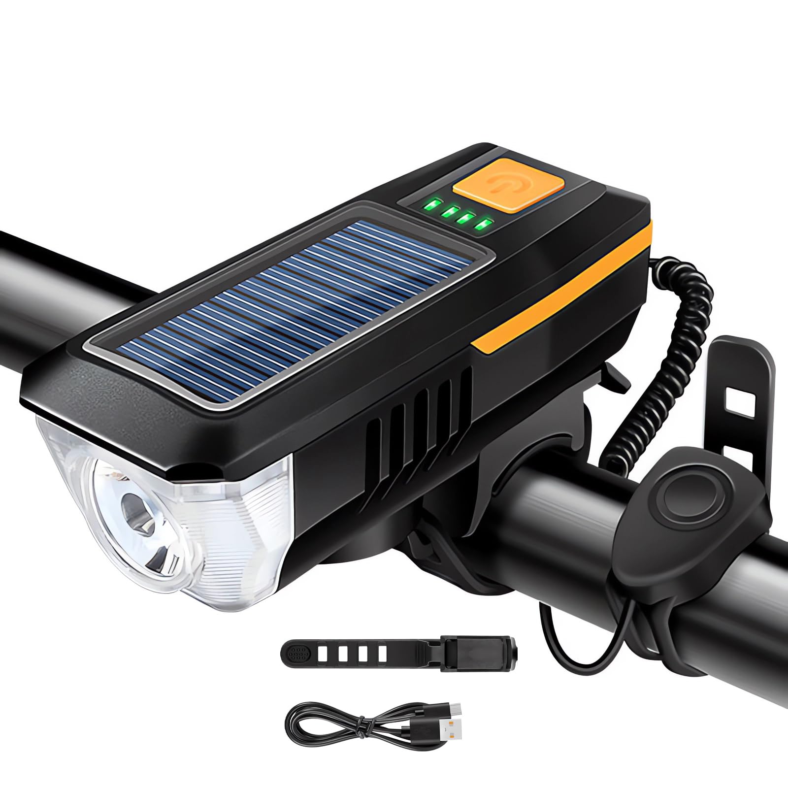 Bike Lights, USB and Solar Rechargeable Bike Light Front with Horn Super Bright Waterproof Rear Bike Taillight, 3 Flashlight Modes for Night-Riding