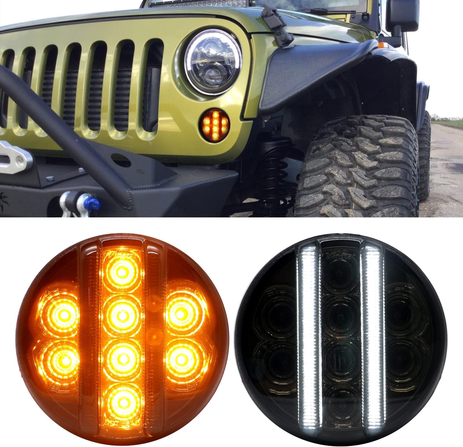 for JK Front Turn Signal LED Lights Running Lamps Compatible with Wrangler JK JKU 2007-2018,White Vertical LED Bar as Daytime Running Lights,Amber Yellow LED as Turn Signal(Smoked Lens)