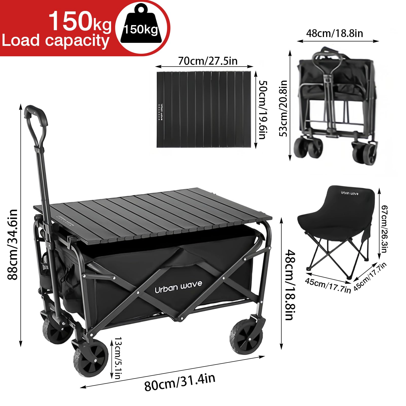 Faltbar Alle Gelände Bollerwagen | Robuster Zusammenklappbarer Wagen | Faltbarer Gartenwagen | Strandwagen | Geländegängiger Festival-Trolley (Mit Tisch Und Stühlen Schwarz)