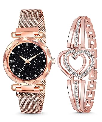 Swadesi Stuff Multicolor Metal Strap Magnet Watch & Heart Shape Diamond Bracelet Combo for Women & Girls