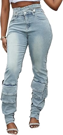 Tbahhir Denim Cargo Jeans for Women Skinny High Waisted Jean Criss Cross Stretchy Trousers Y2K Streetwear