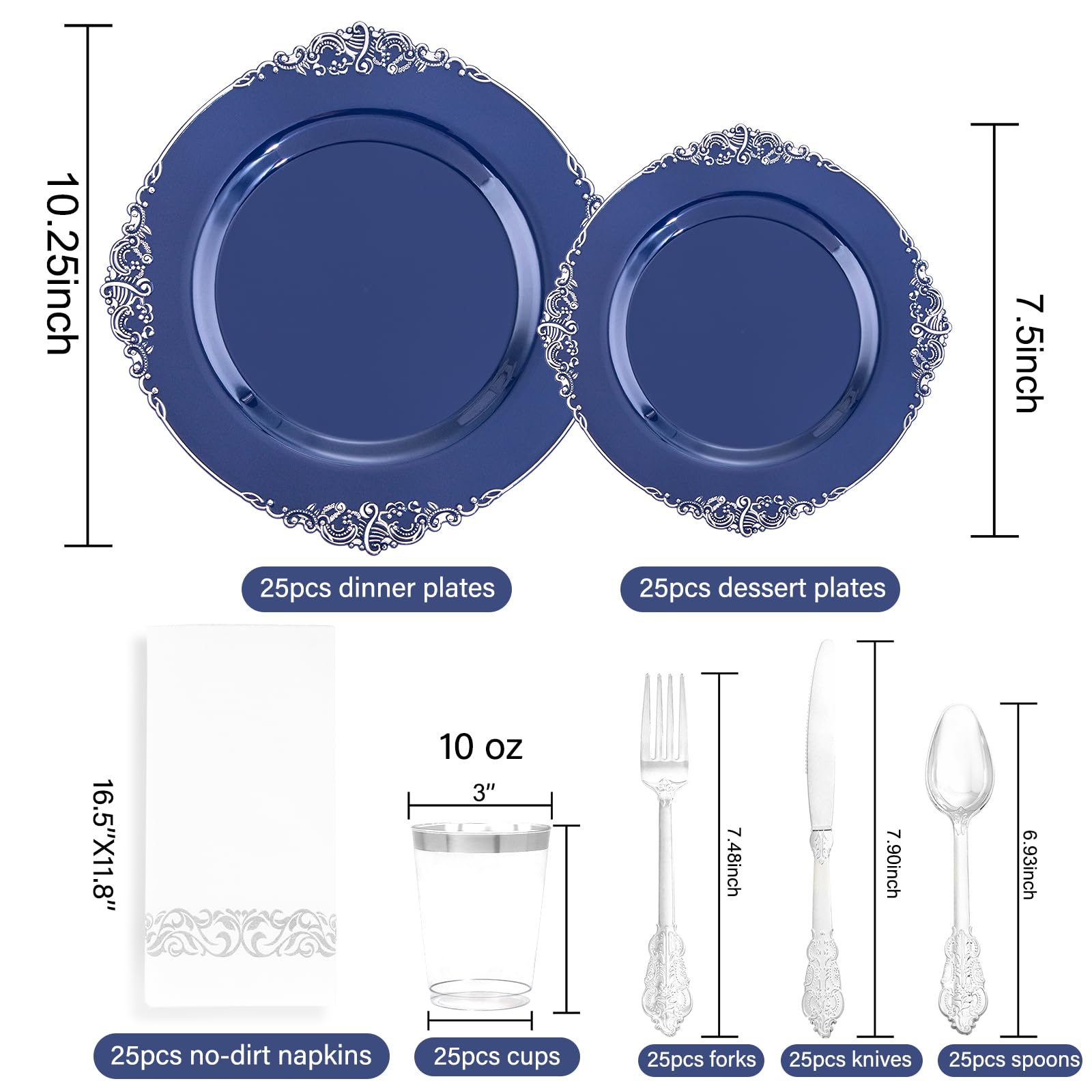 Blue & Silver Plastic Plates - 175 Piece Set -8