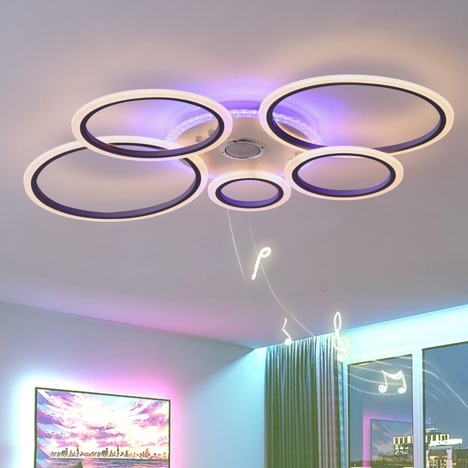 QINGYING 5 Ring Light Fittings Ceilings with Remote APP, 100cm RGB Dimmable Ceiling Lights,Modern Ceiling Lamp with Bluetooth Speaker and Timer for Bedroom Living Room Kitchen Office-Black