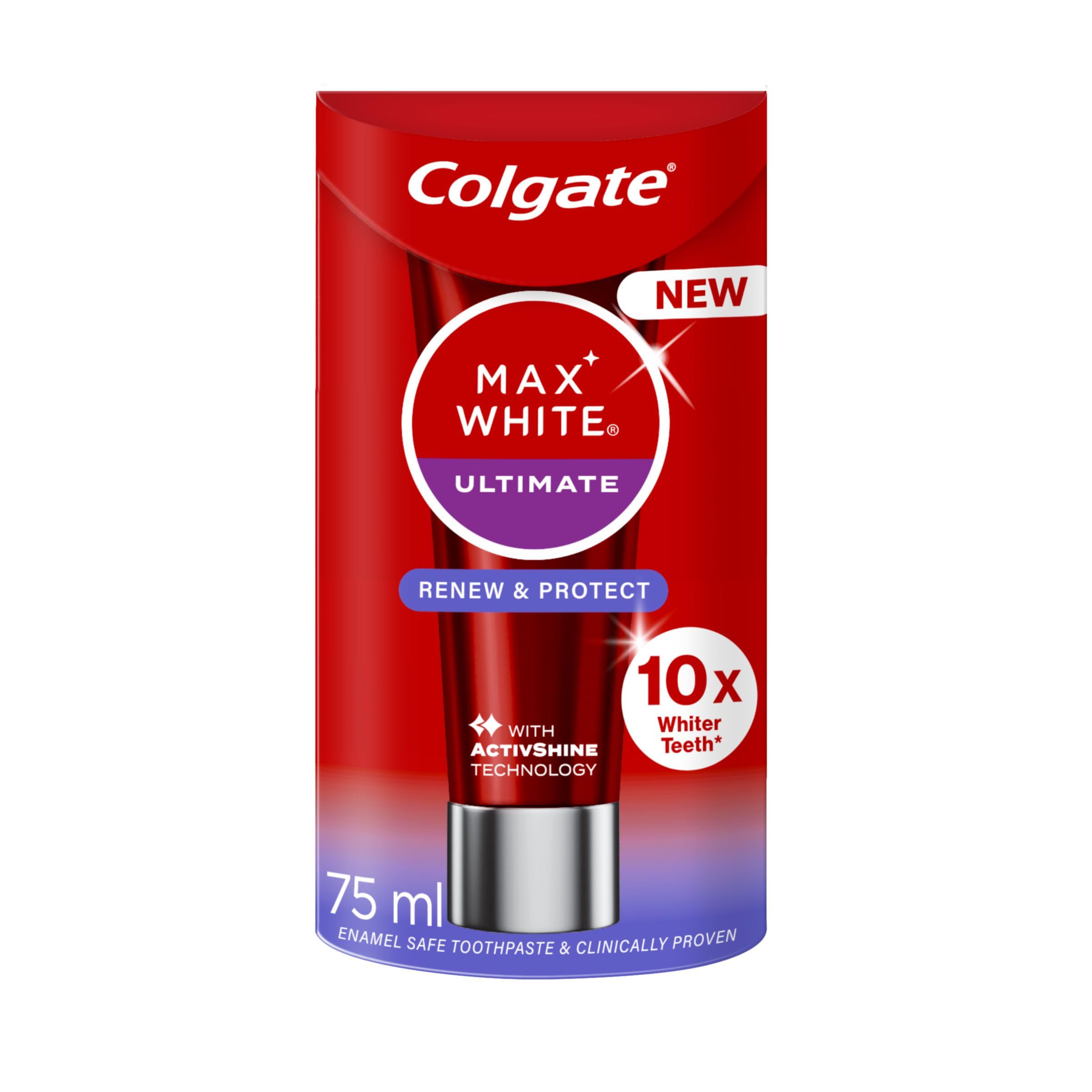 Colgate Max White Ultimate Renewal Whitening Toothpaste 75ml - 10X Whiter Teeth* - Instant Teeth Whitening Toothpaste^ - Deeply* Whitens - Helps Prevent Future Stains - Enamel Safe for Daily Use