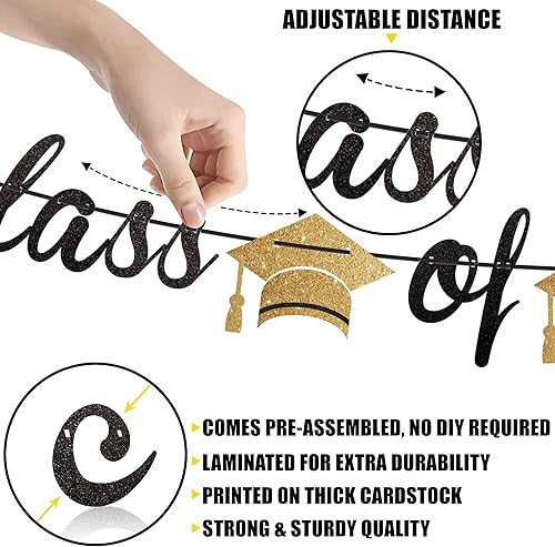 Miniatura 5 de Banner negro y dorado para la clase de 2022, 10 pies, sin bricolaje, pancarta de graduación 2022 con guirnalda de gorra de graduación, decoraciones