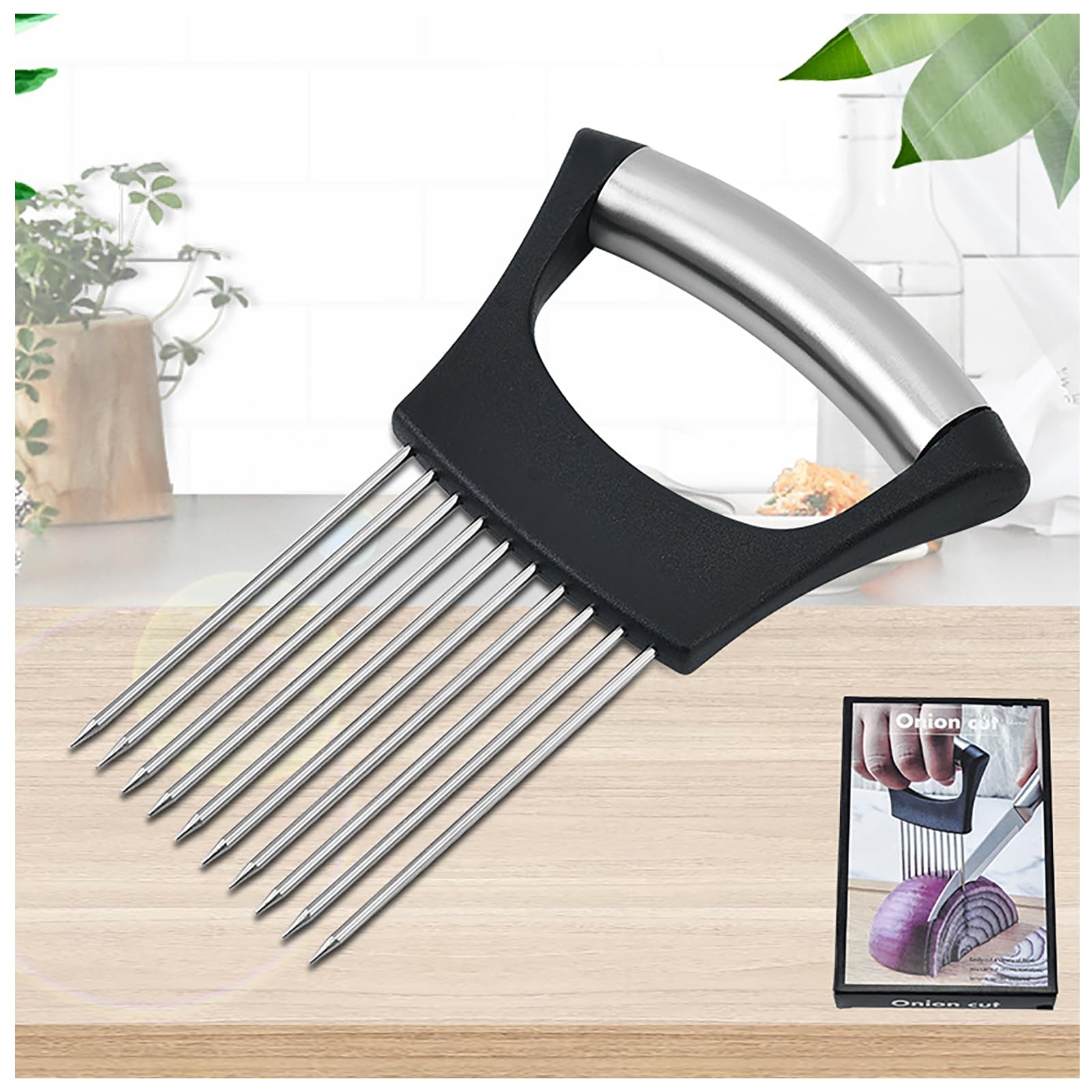 Stainless Steel Onion Slicer & Vegetable Cutter Holder,Kitchen Cutting Tool for Onions, Tomatoes, Potatoes,Meat Tenderizer with 10 Needle Prongs,Multi-Purpose Kitchen Utensil