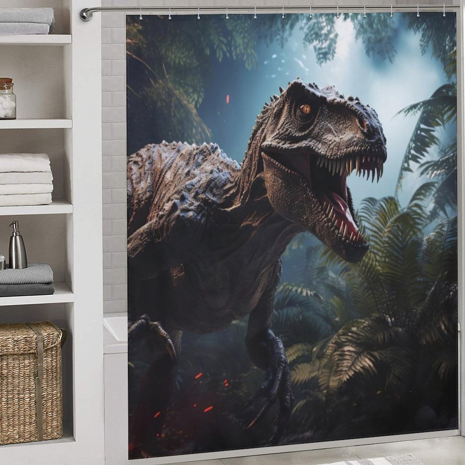 Rideau de douche dinosaure 183x183 cm en polyester lavable pour baignoire