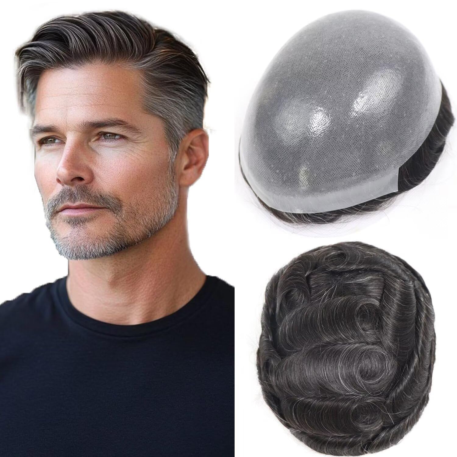 Photo 1 of HAPPY&CC Toupee for Man Thin Skin PU Men's Hairpiece European Virgin Human Hair Replacement System Pieces Male Hair Prosthesis Unit for Men with 10% Synthetic Gray 10x8inch