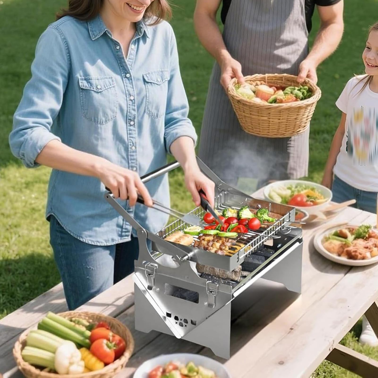 Przenośny grill gazowy na węgiel drzewny – obrotowy składany wędzarnia ze stali nierdzewnej do gotowania na świeżym powietrzu, biwakowania, grilla, imprez ogrodowych i pikników