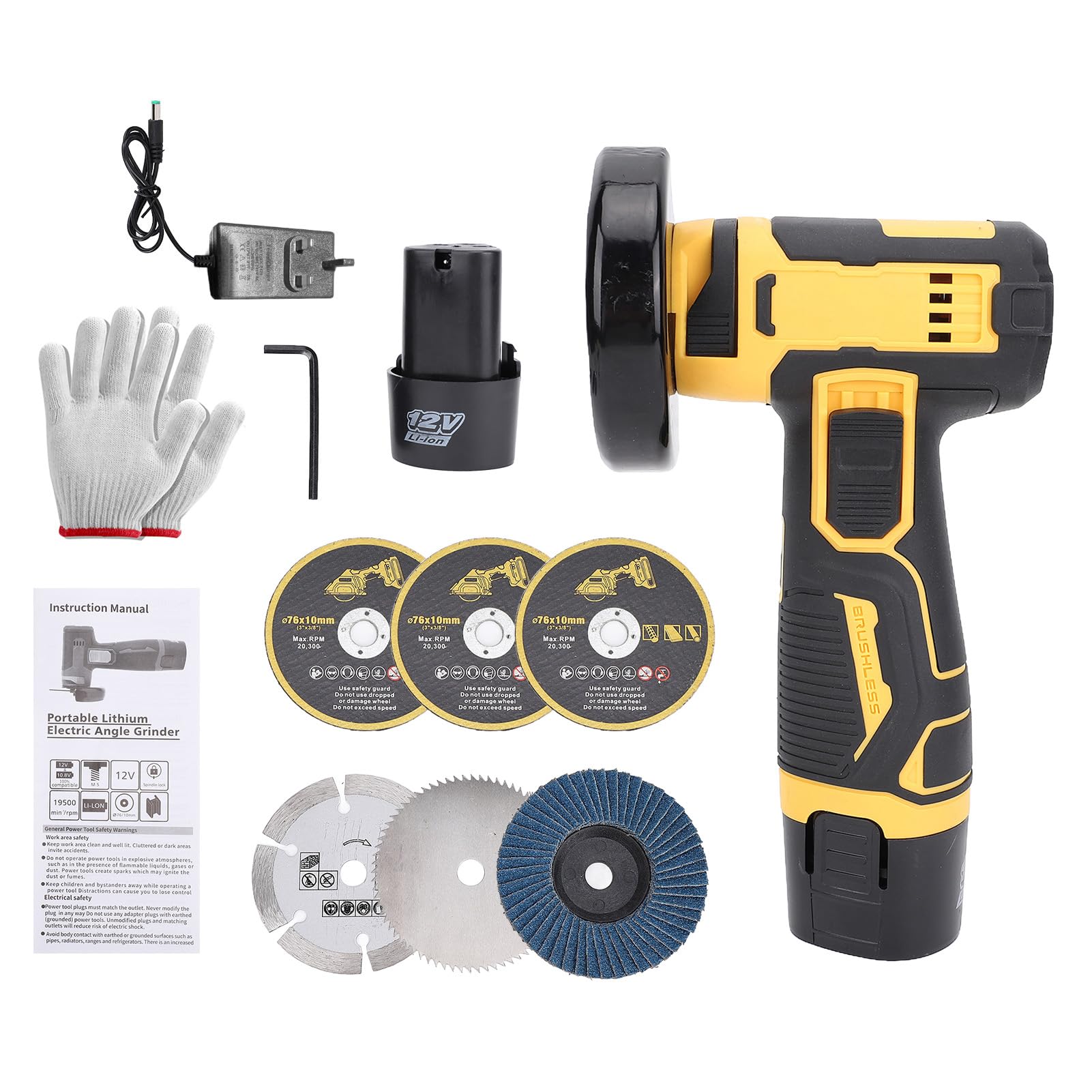 Weytoll Mini Angle Grinder, Weytoll 21V Cutting Polishing Machine with 2pcs Rechargeable Battery Multifunctional MINI Tile Cutter with 6PCS Discs for Brick Wood Steel Stone (Yellow)