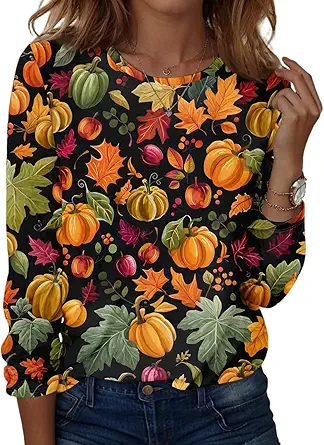 Halloween Shirts for Women Long Sleeve Plus Size Fashion Crewneck Comfortable Tshirts Halloween Costumes for Women