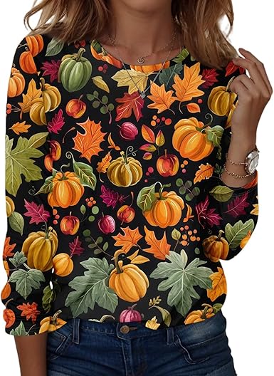 Halloween Shirts for Women Long Sleeve Plus Size Fashion Crewneck Comfortable Tshirts Halloween Costumes for Women