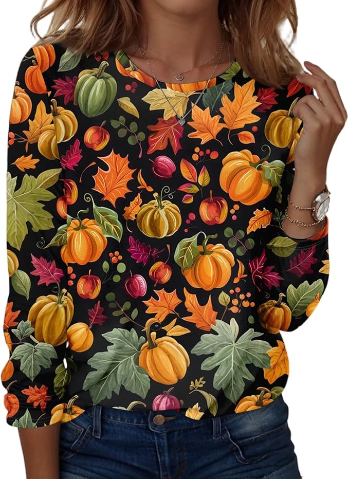 Halloween Shirts for Women Long Sleeve Plus Size Fashion Crewneck Comfortable Tshirts Halloween Costumes for Women