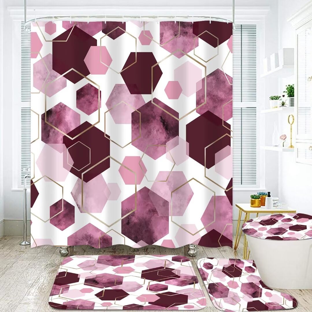 LQCOOL 4Pcs Berry Shower Curtain Set Marble Grain Geometric Bathroom Set Rose Pink Abstract Bathroom Curtain Set with 12 Hooks, Bathroom Carpet Bath Mat and Toilet Rugs