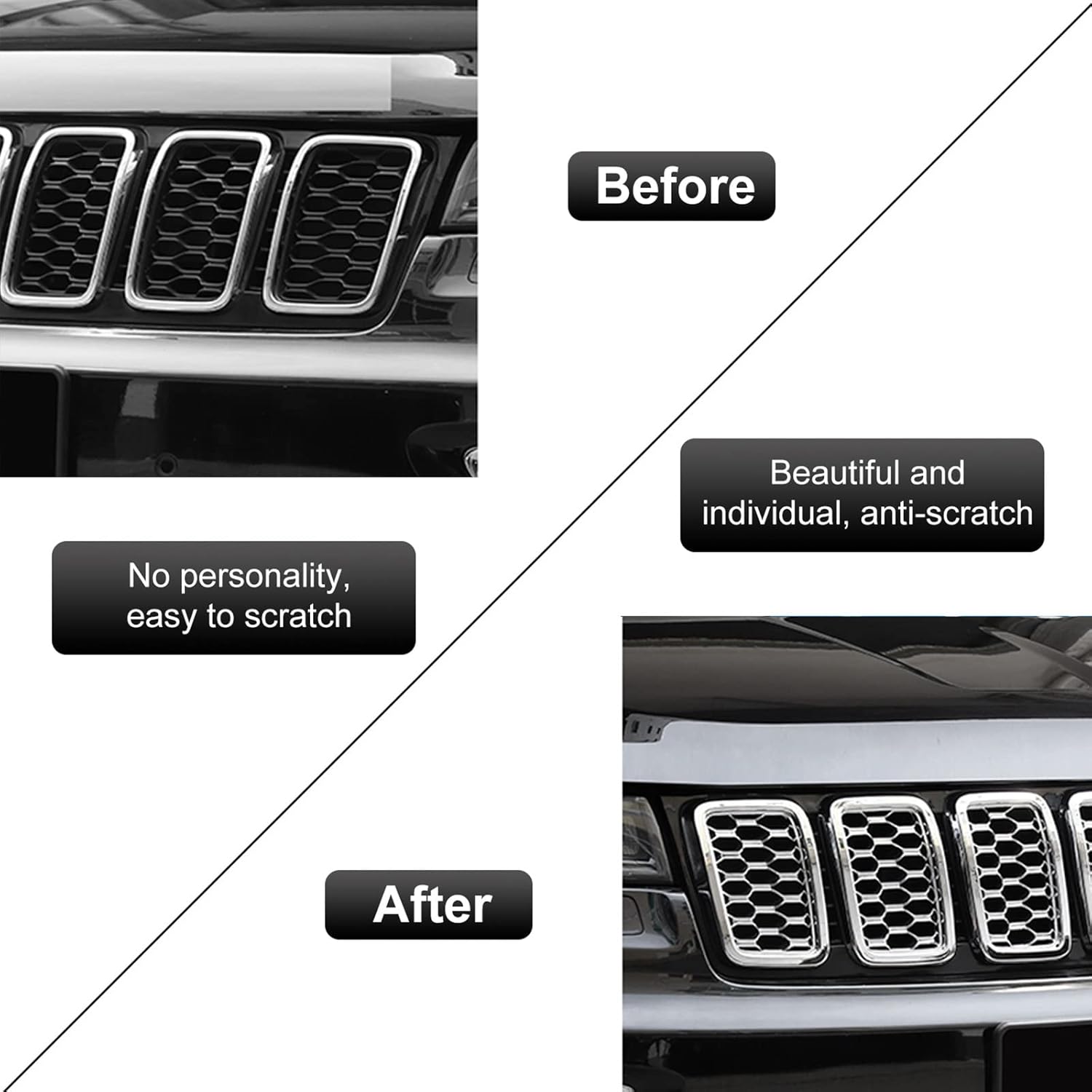 RT-TCZ 7PCS Front Grill Mesh Inserts,Rings Covers Inserts Kit for 2017 2018 2019 2020 2021 Jeep Grand Cherokee Not fit for SRT, Trackhawk & 2021 Grand Cherokee L (Chrome Mesh)