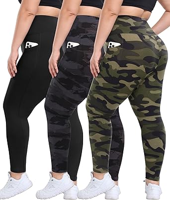 3 Pack Plus Size Leggings with Pockets for Women - High Waisted Tummy Control Spandex Soft Black Workout Yoga Pants