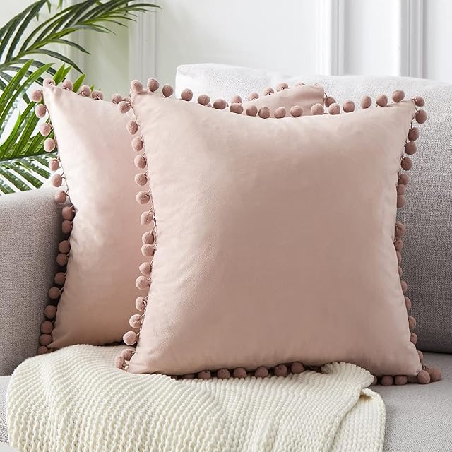 Topfinel Cushion Covers,Boho Pink Cushion Covers 14x14, Outdoor Velvet Dusky Pink Pom Pom Soft 35x35 Cushion Cover with Invisible Zip for Sofa Chair Living Room,1 Piece