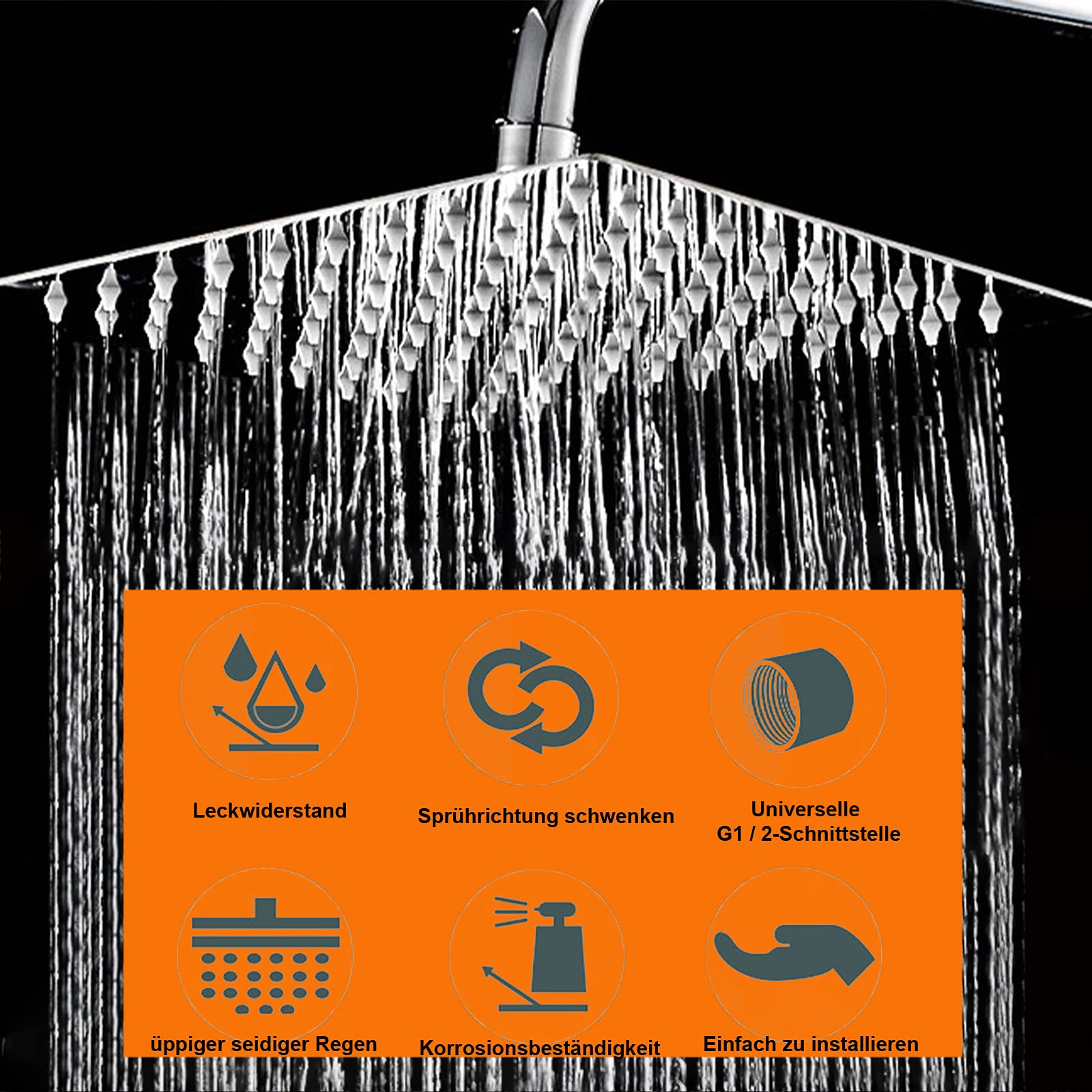 TOSUTO Regenduschkopf 12 Zoll Edelstahl - Quadratisch Mit Anti-Kalk Düsen