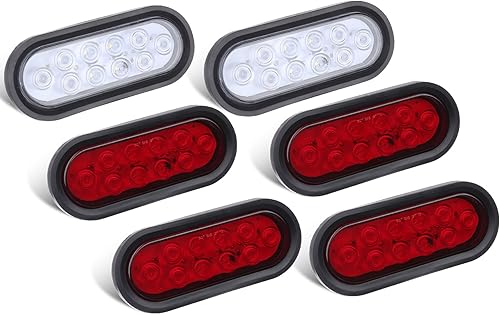 VINAUO Kit de 4 luces traseras LED ovaladas de 6 pulgadas color rojo + 2 blancas para remolque, ojales y enchufes herméticos de 3 pines incluidos,