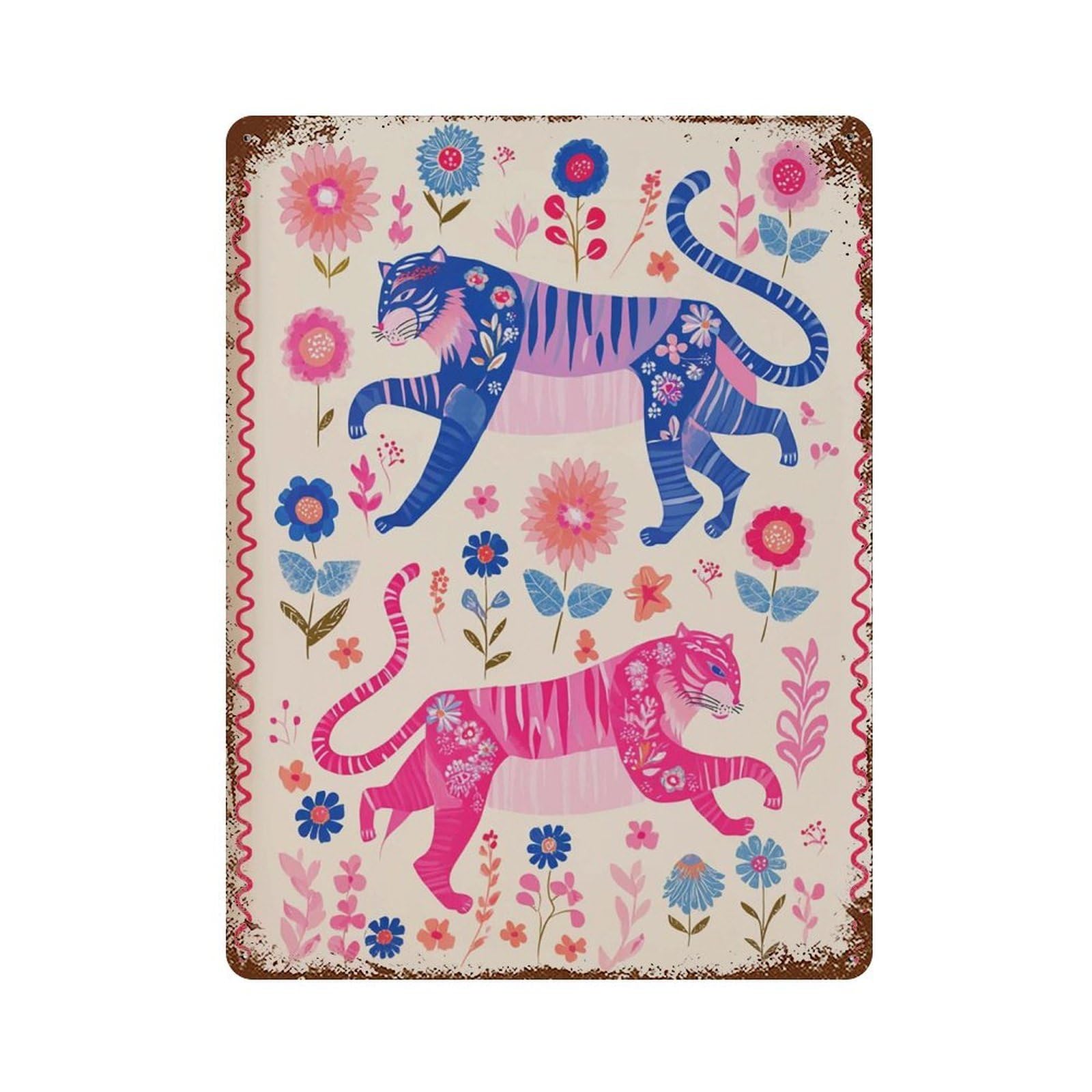xiaoxiaoshen Boho Folk Tiger Pink And Blue Jungle Cat with Floral Pattern Whimsical Nursery C Wall Decor Art Metal Tin Poster Modern Home Decor Art Home Bar Shop Decorations Vintage Sign 40x30cm