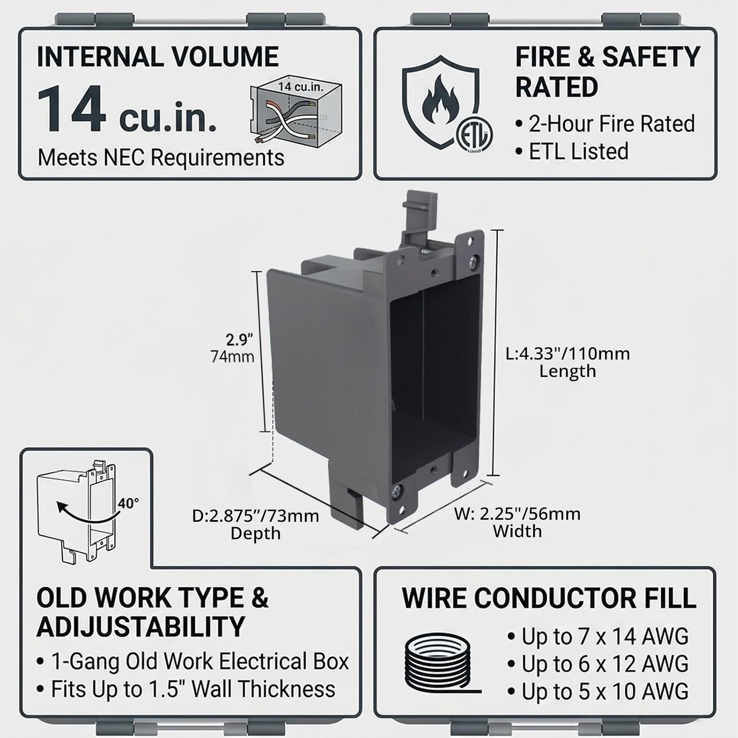 1-Gang Old Work Electrical Outlet Box, Plastic Junction Box for Switches,14cu Inch Outlet Box,for Home Improvement, ETL Listed and Fire Rated for 2 Hours(3 PCS)
