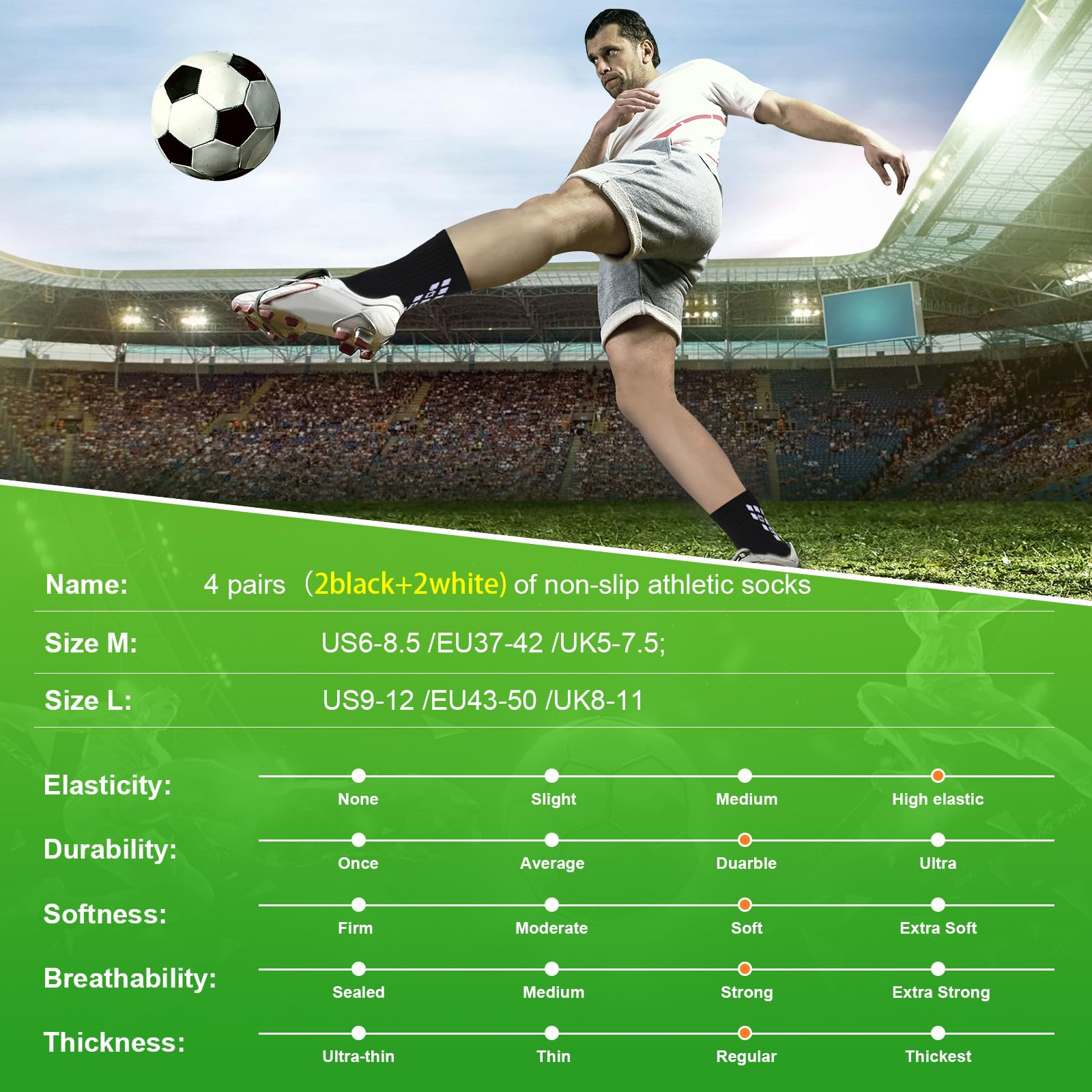 Gogogoal 4-paia Calzini sportivi da calcio antiscivolo per uomo donna, calzini sportivi imbottiti traspiranti Grip antiscivolo 37-42 43-50