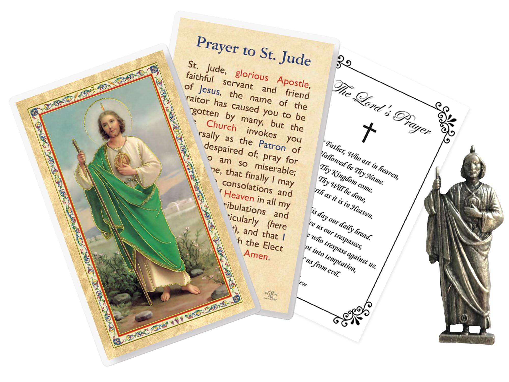 Small St Jude Statue - Laminated St Jude Prayer Card, The Lord's Prayer Card - Mini 3 Inch Pocket Sized San Judas Statue - San Judas Tadeo Estatua, Patron Saint of Hope and Impossible Causes, 3 Items