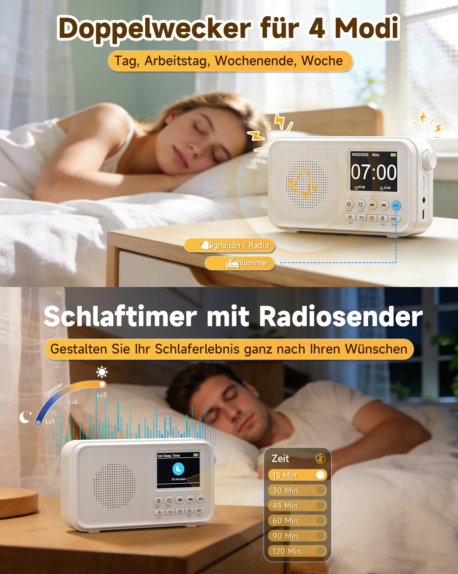 Roxicosly Radio portatile DAB/DAB+, 80 preimpostazioni, radio digitale FM con batteria da 3000 mAh, radio da cucina con Bluetooth 5.0, modalità EQ, timer, snooze, porta AUX TF/3,5 mm, doppio allarme