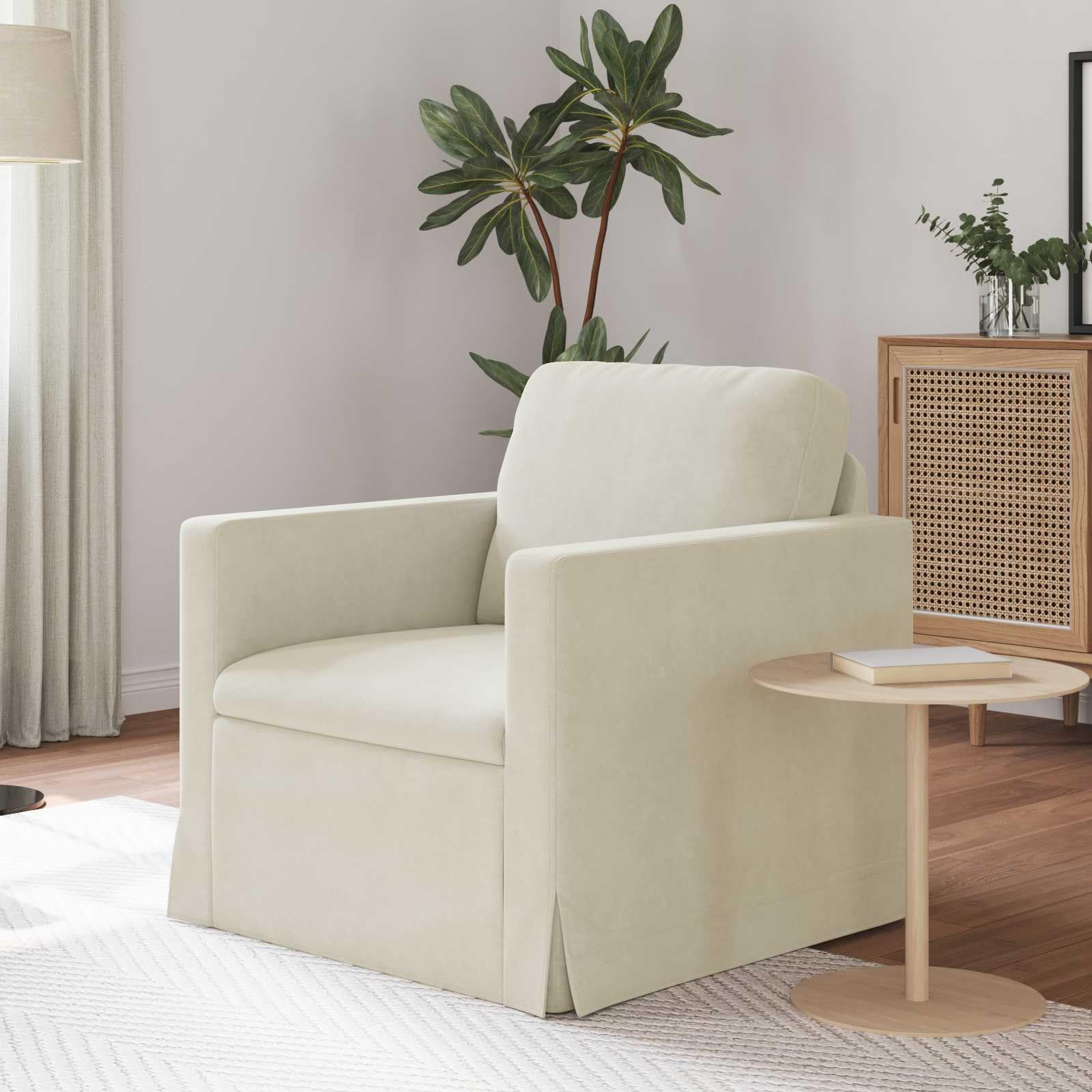 Canapé modulaire velours crème haut de gamme et accoudoirs bois