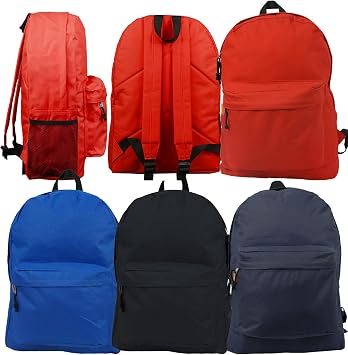 K-Cliffs Wholesale Classic Backpack 18 inch Basic Bookbag Padded Back Bulk Case Lot of 30pcs Simple Schoolbag Assorted Color